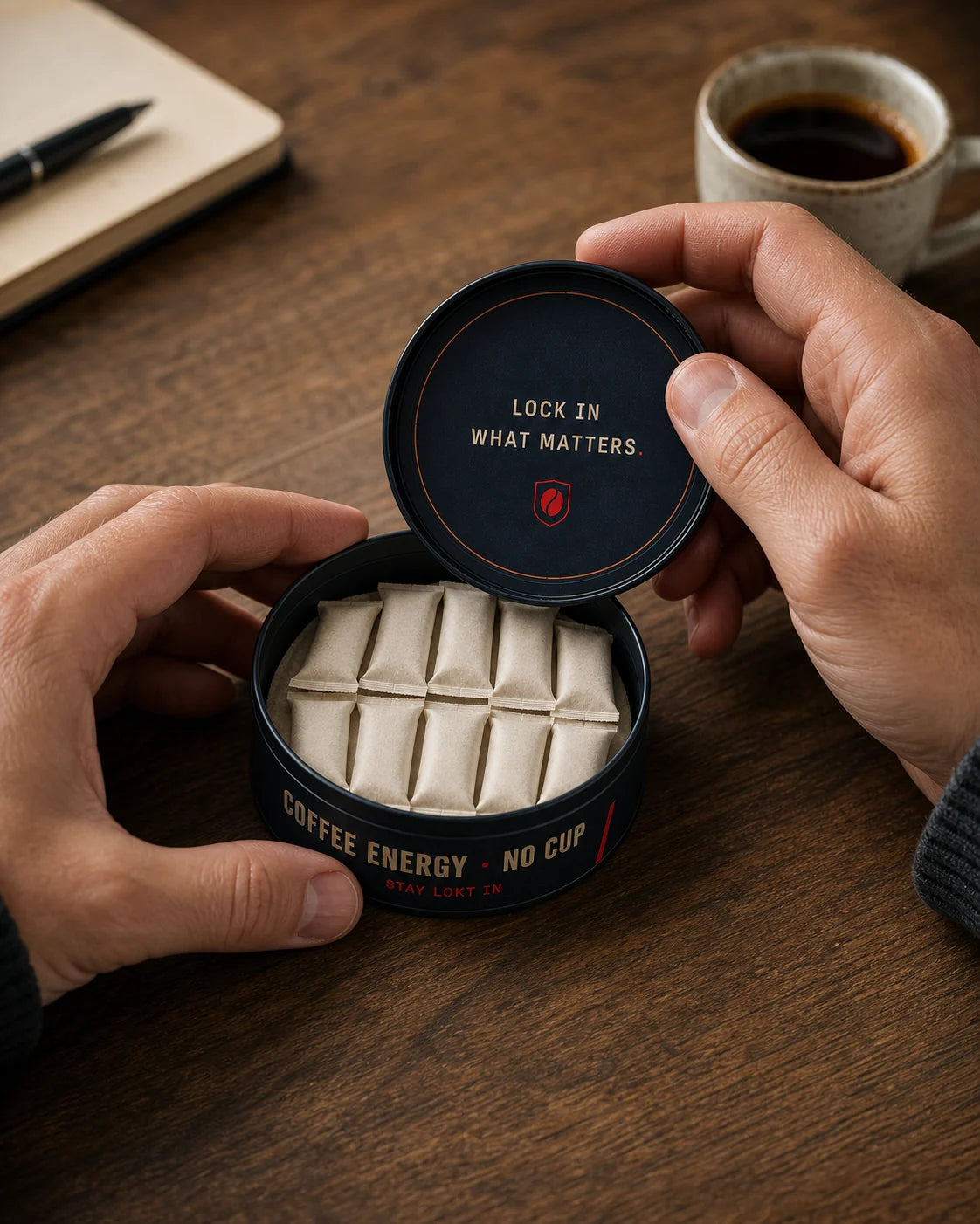 Close view of two hands twisting open a LOKT 50 Dark Espresso can.
