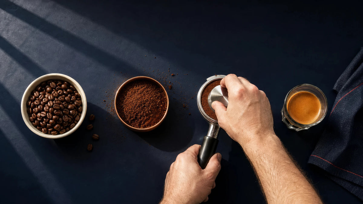 Overhead progression from whole coffee beans to ground coffee to a brewed cup.