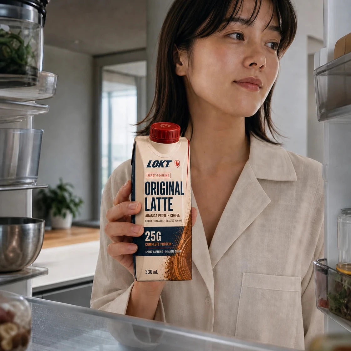 Taking a LOKT READY carton from the refrigerator in the morning