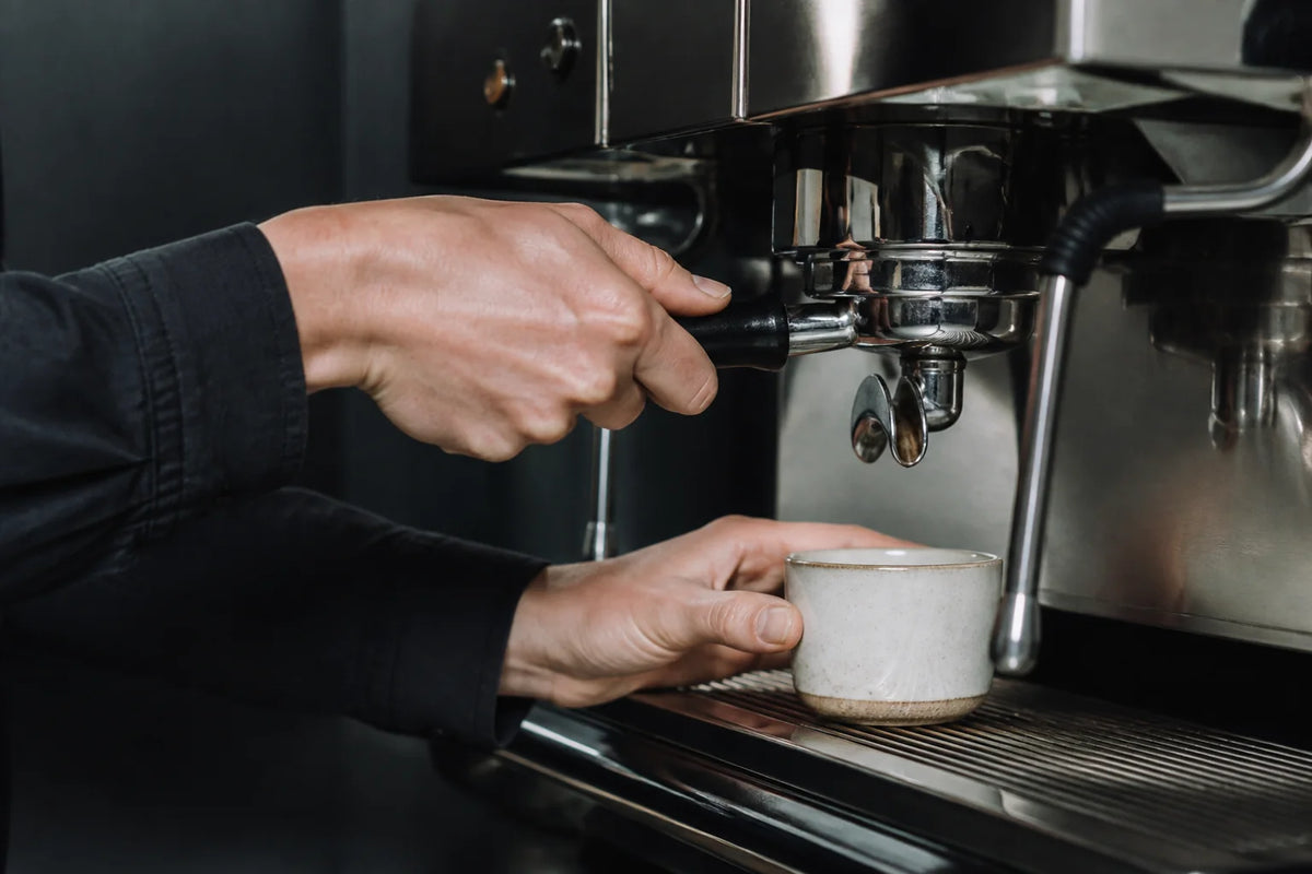 Barista pulling an espresso shot into a ceramic cup on a commercial espresso machine