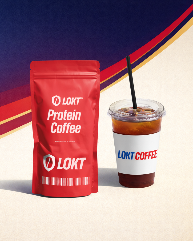 LOKT Protein Coffee package and iced coffee cup on a colorful background