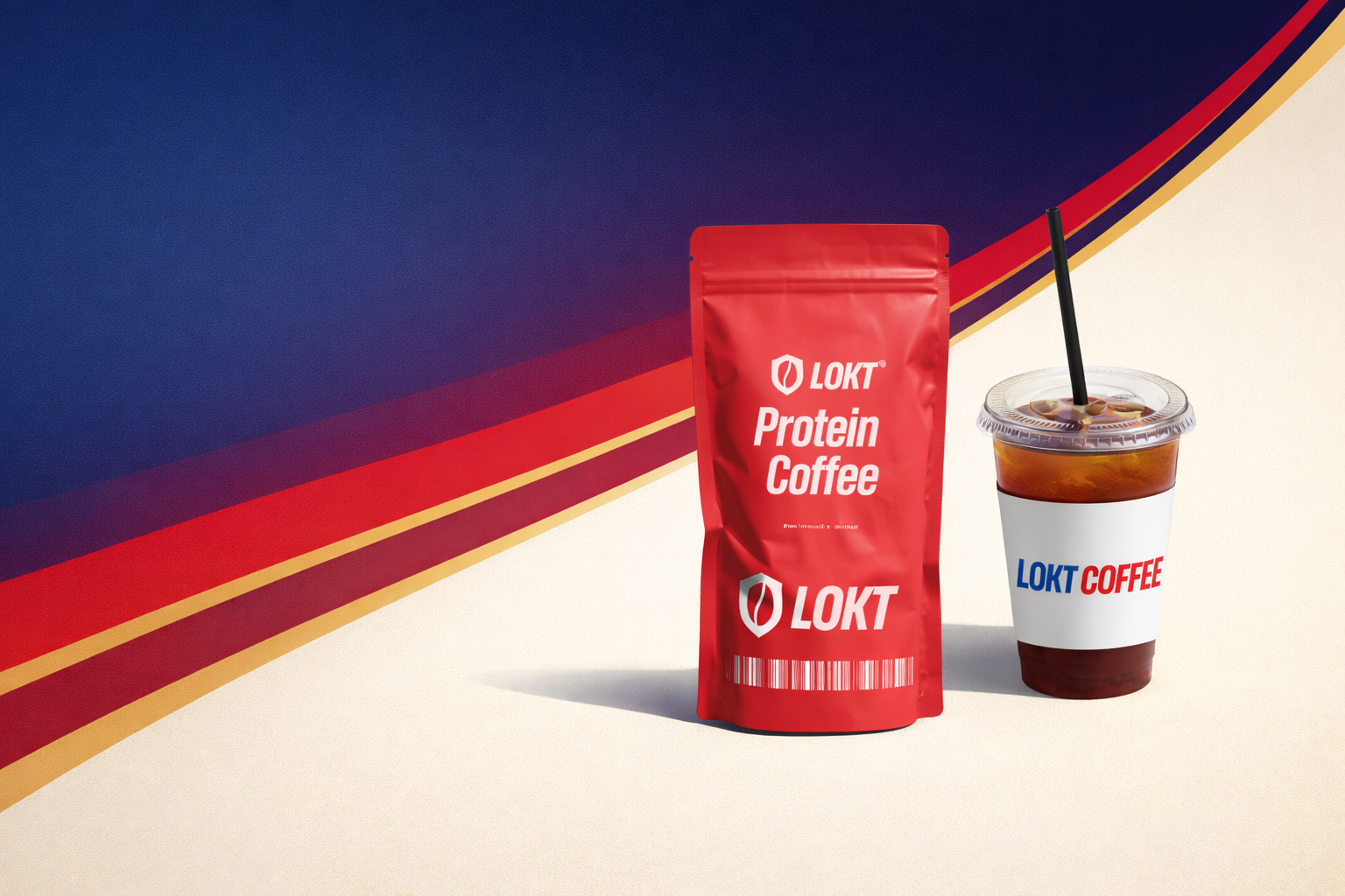 LOKT Protein Coffee package and iced coffee on a colorful background