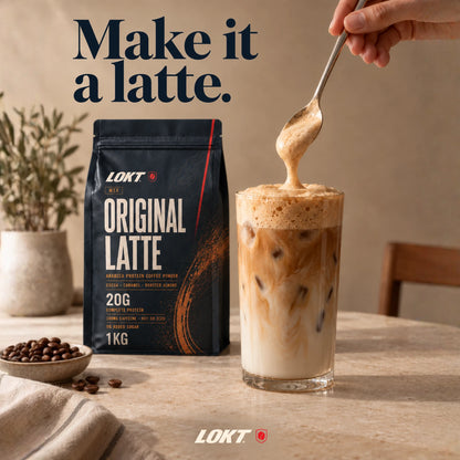 LOKT MIX Original Latte bag next to an iced latte topped with foam, headline Make it a latte.