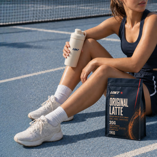 LOKT Original Latte protein coffee bag beside a woman resting on a blue court