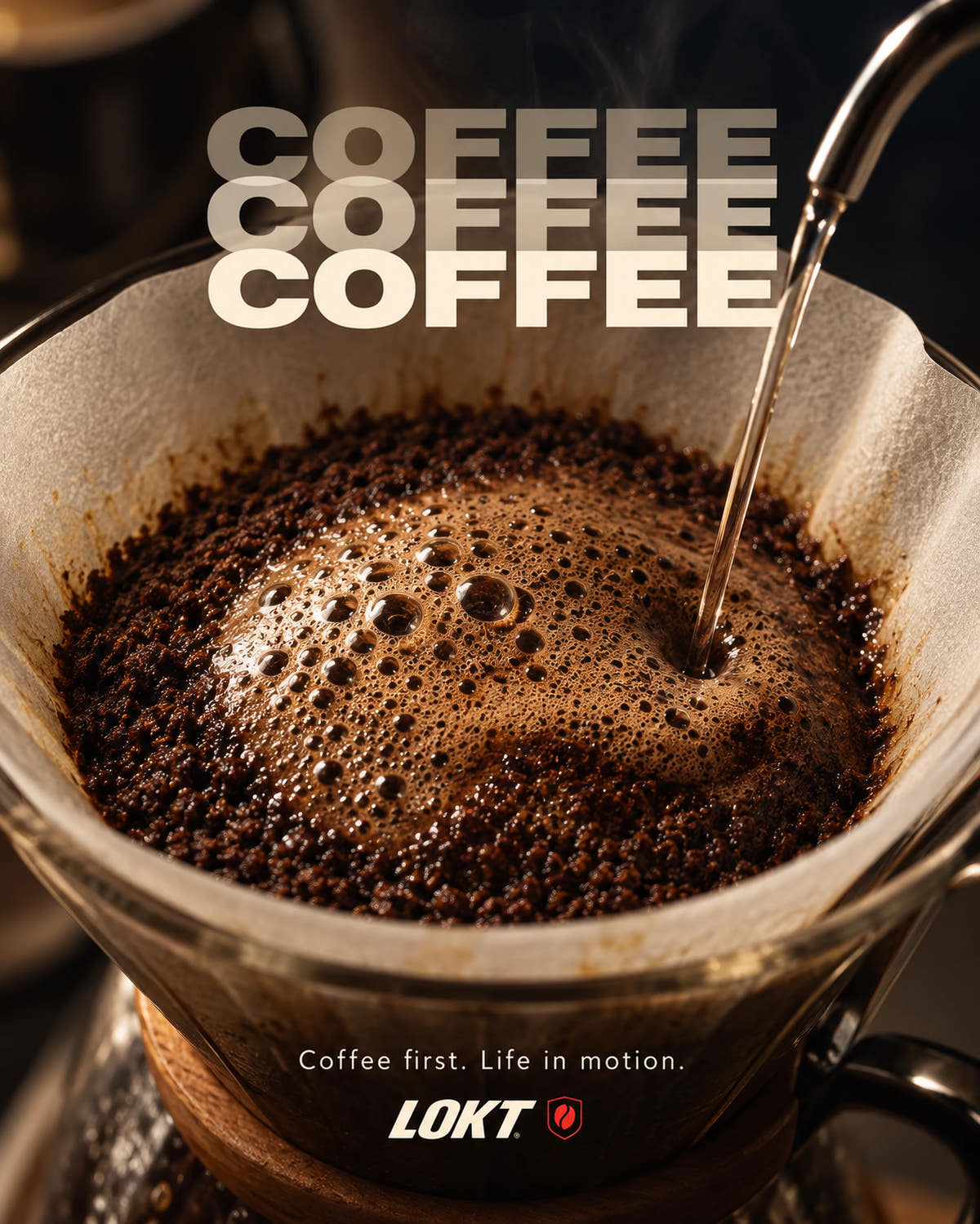 Hot water blooming fresh coffee grounds in a glass pour over, with the line Coffee first. Life in motion