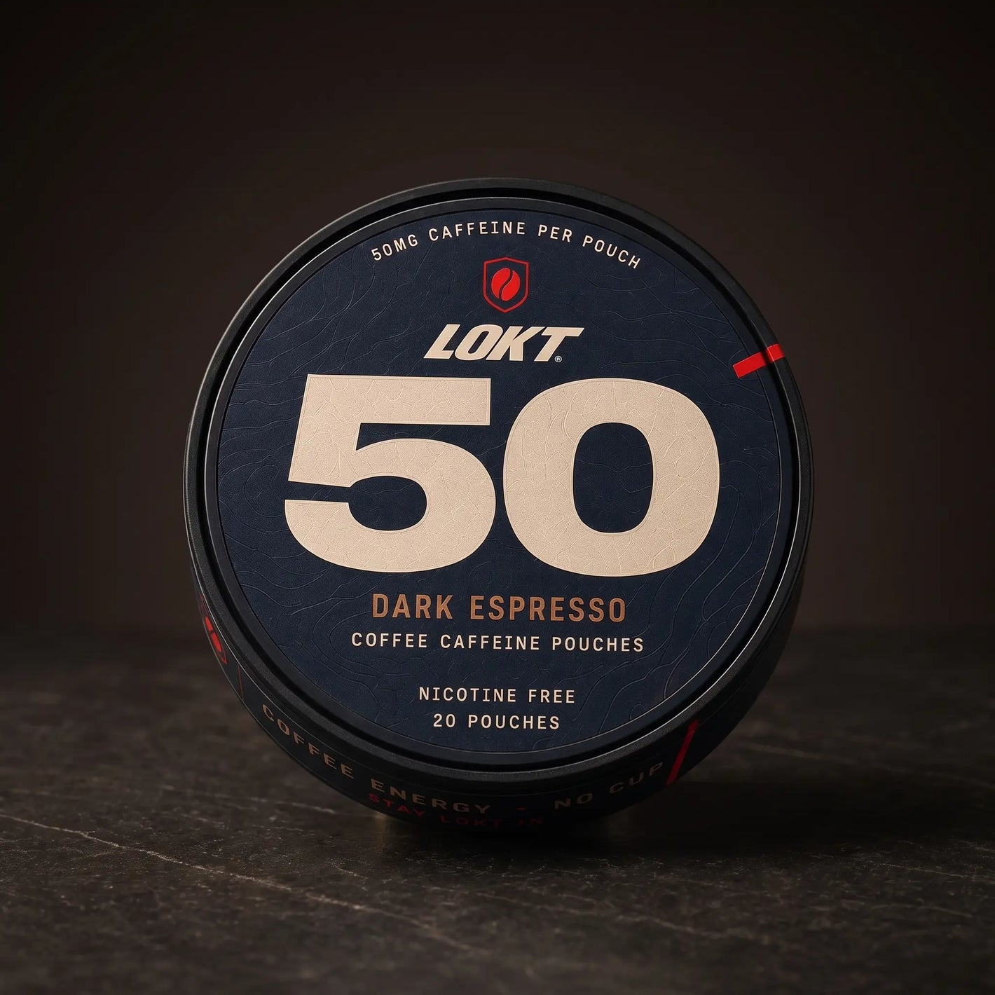 LOKT 50 Dark Espresso can, front label showing 50mg and 20 nicotine-free pouches