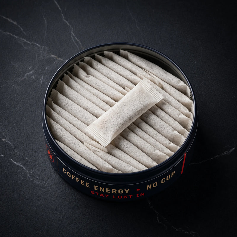 An open LOKT 50 Dark Espresso can from above, slim white pouches inside