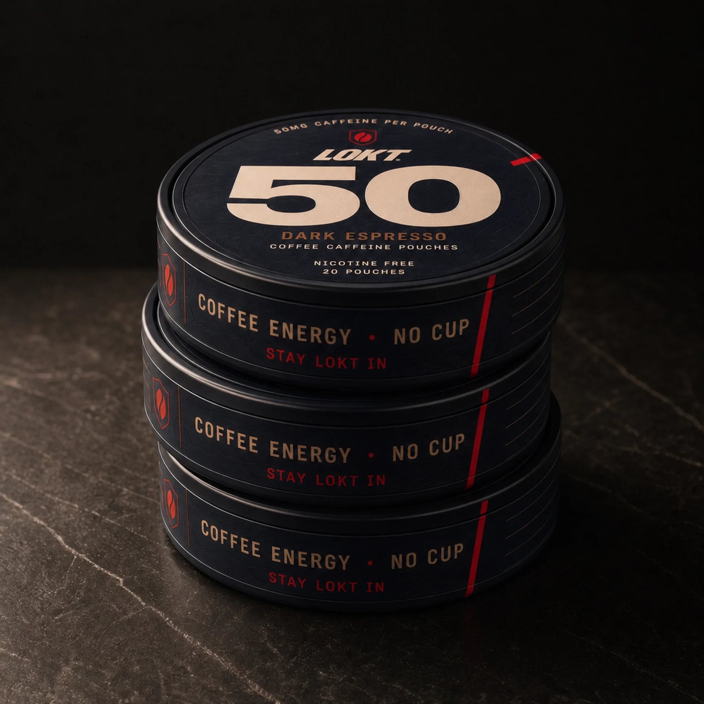 Three LOKT 50 Dark Espresso cans stacked