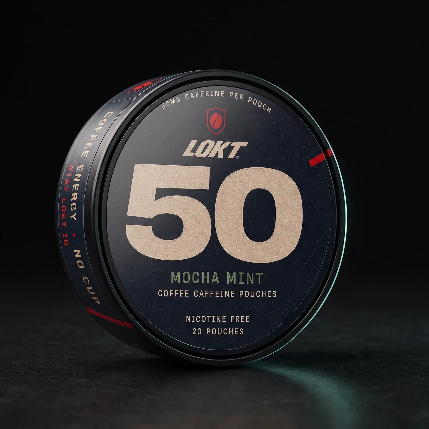 LOKT 50 Mocha Mint caffeine pouch tin, three-quarter view on dark stone