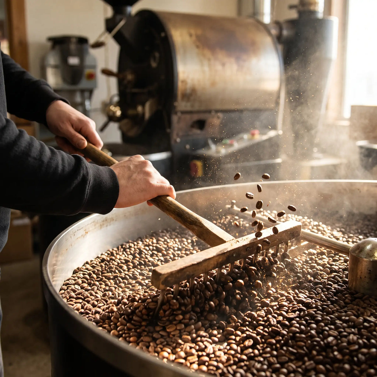 A roaster turning freshly roasted coffee beans in a cooling tray