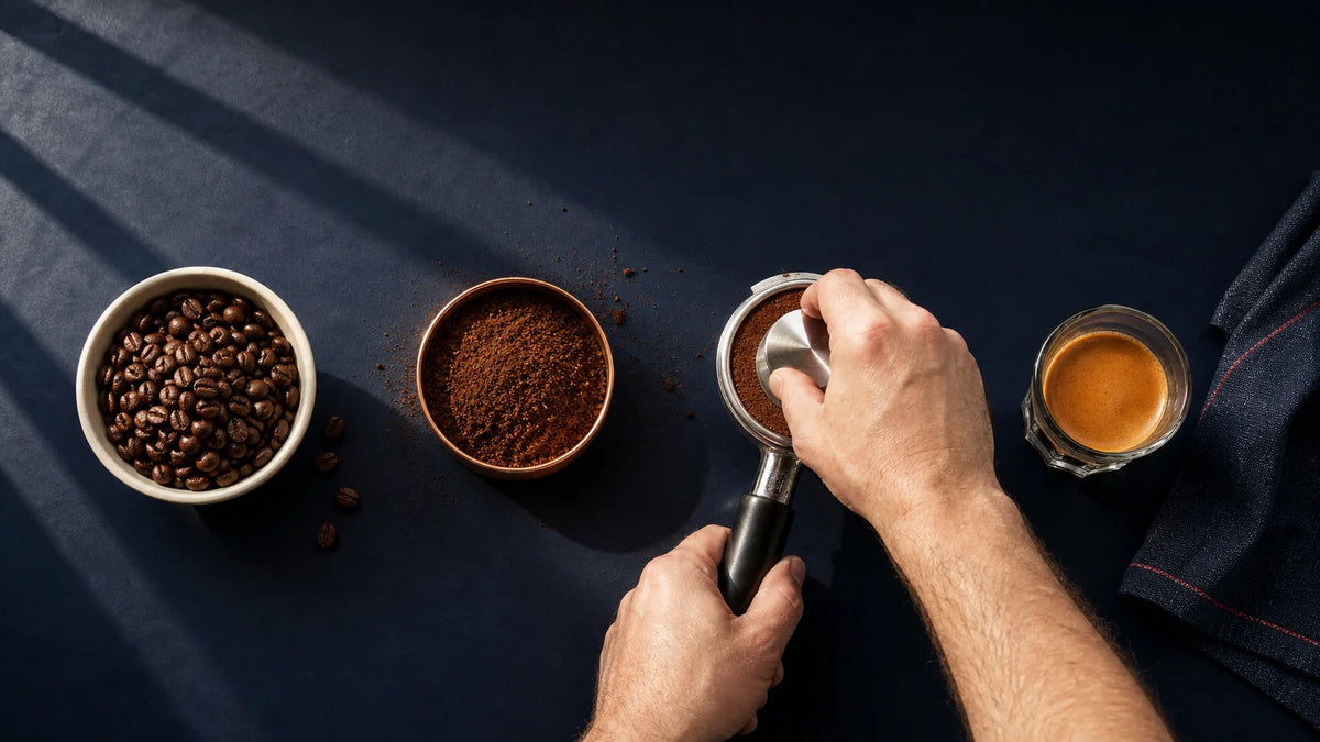 Overhead progression from whole coffee beans to ground coffee to a brewed cup.