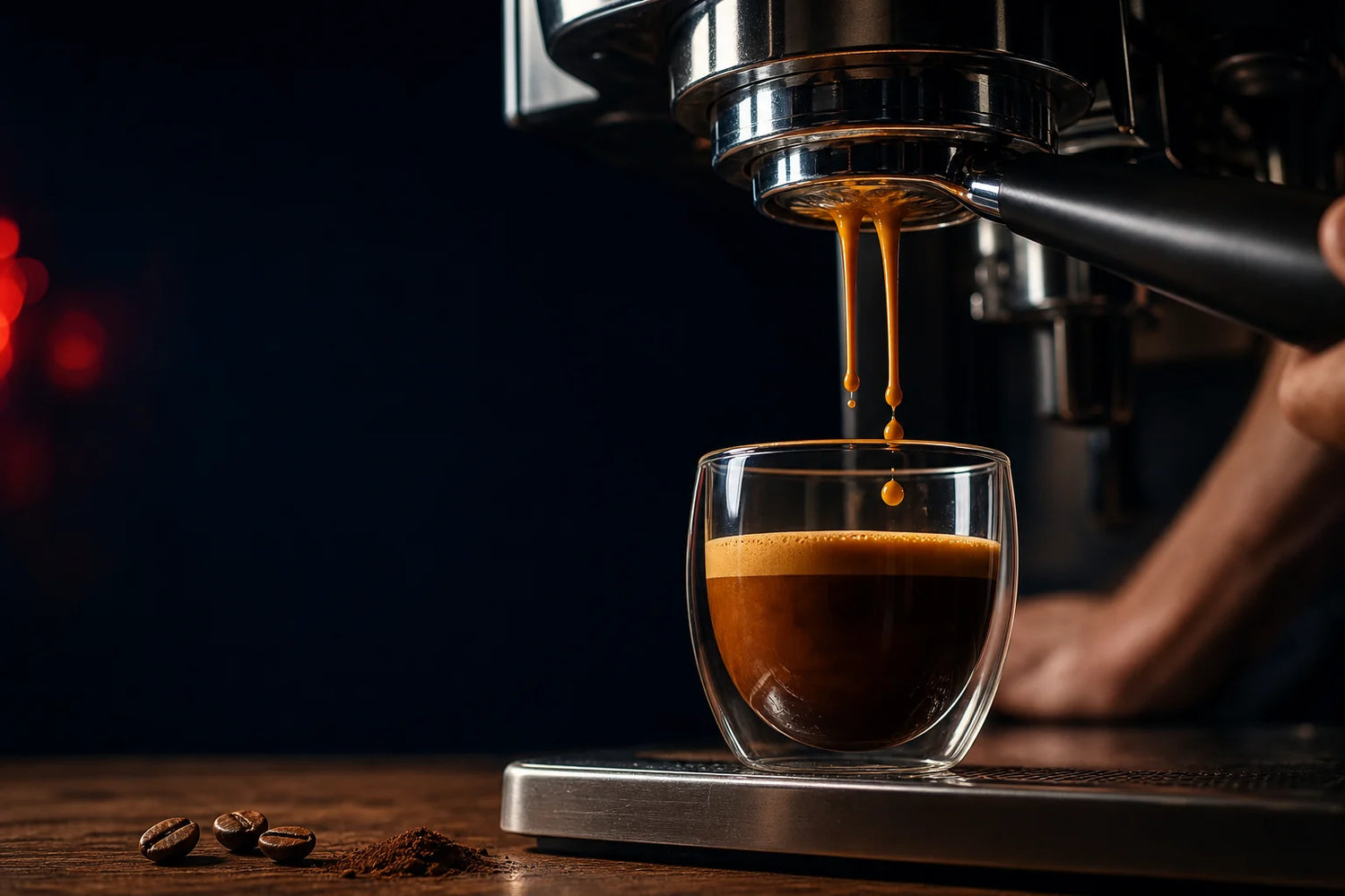 Espresso extracting through a bottomless portafilter, seen from a low angle.