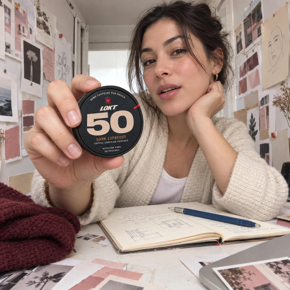 A woman holds a LOKT Dark Espresso tin at her creative workspace, beside her notebook and sketches.