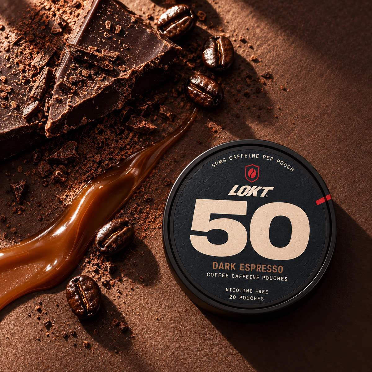 Dark Espresso with roasted coffee beans, dark chocolate and a caramel accent in warm afternoon light.