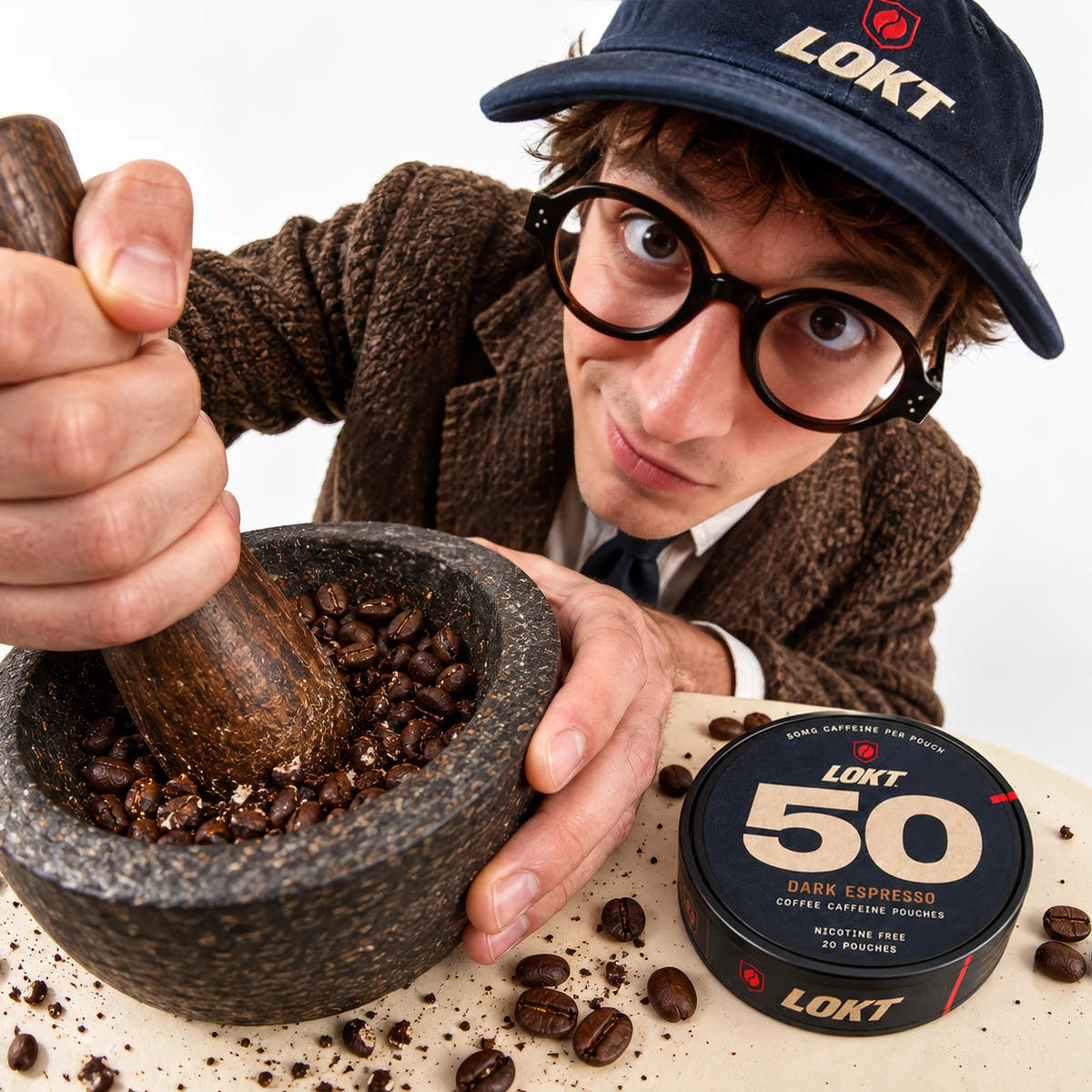A man in round glasses and a LOKT cap grinds coffee beans in a stone mortar beside a LOKT 50 Dark Espresso tin