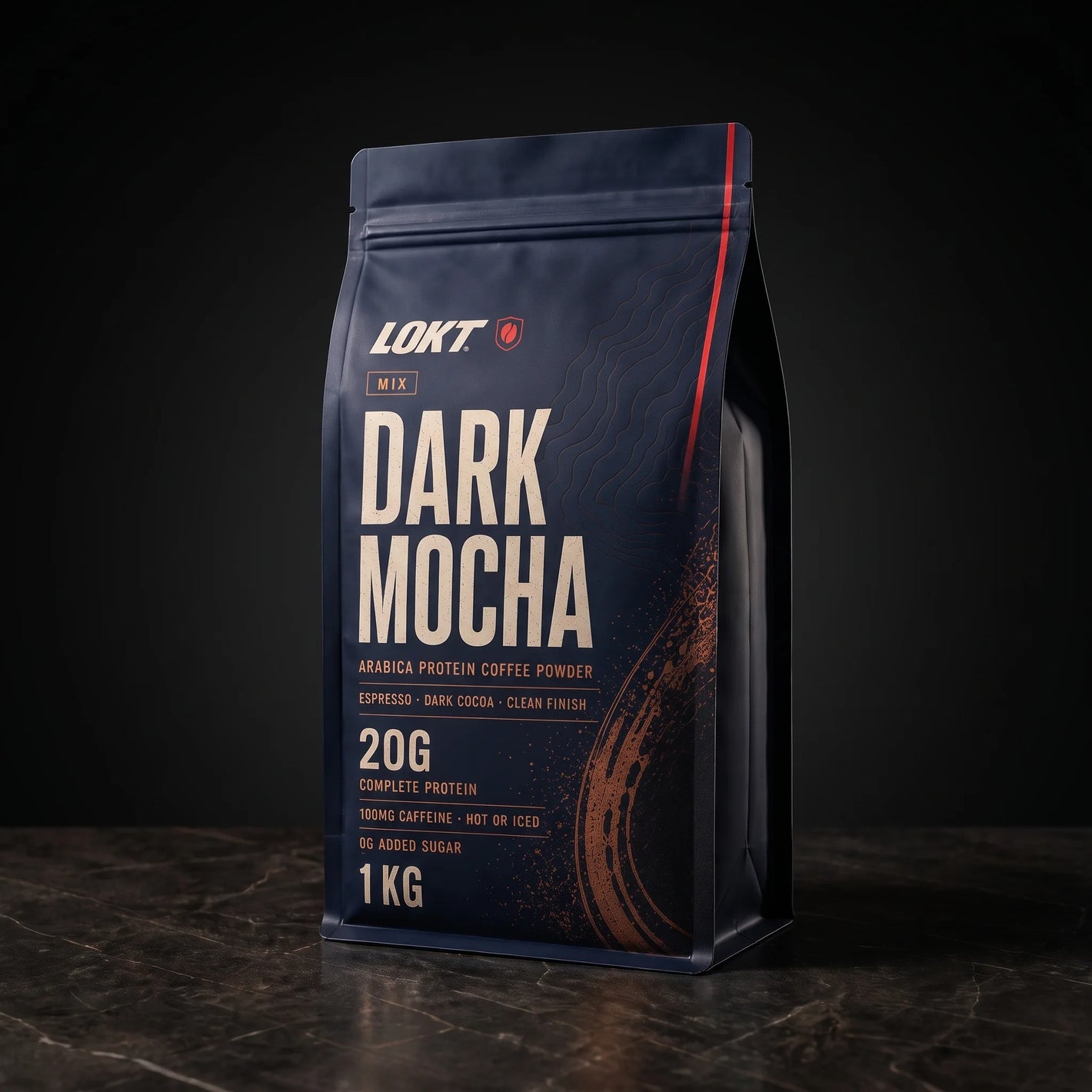 LOKT MIX Dark Mocha 1kg protein coffee bag, three-quarter view