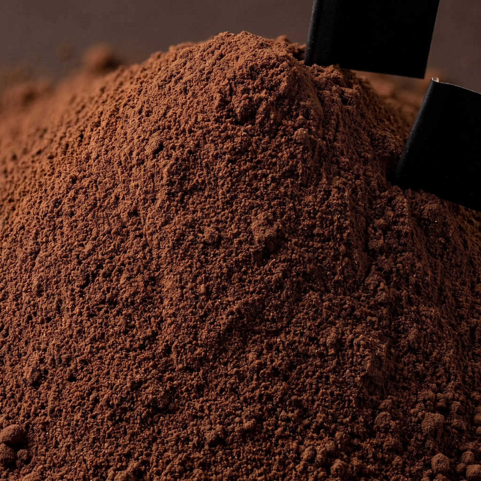 Close macro of LOKT MIX Dark Mocha protein coffee powder, showing the grind