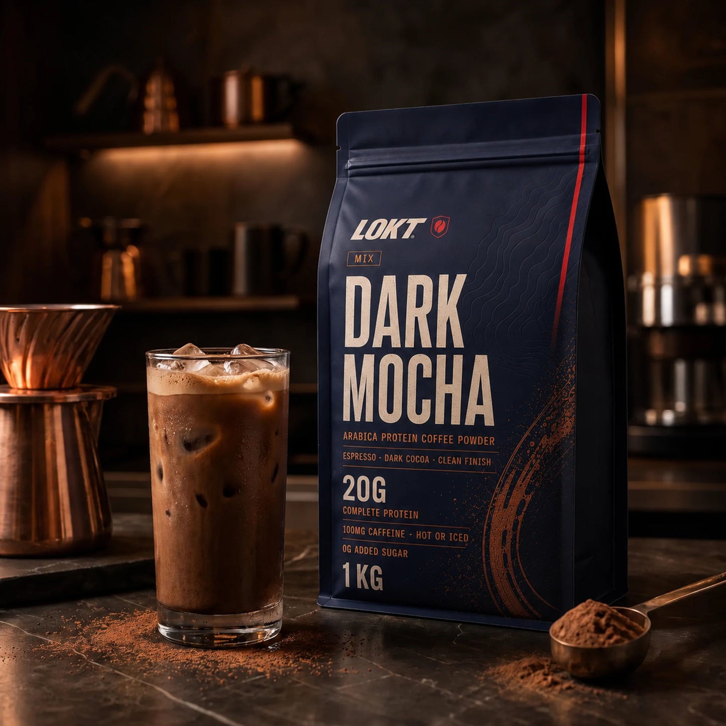 A prepared iced LOKT MIX Dark Mocha protein coffee beside the pouch