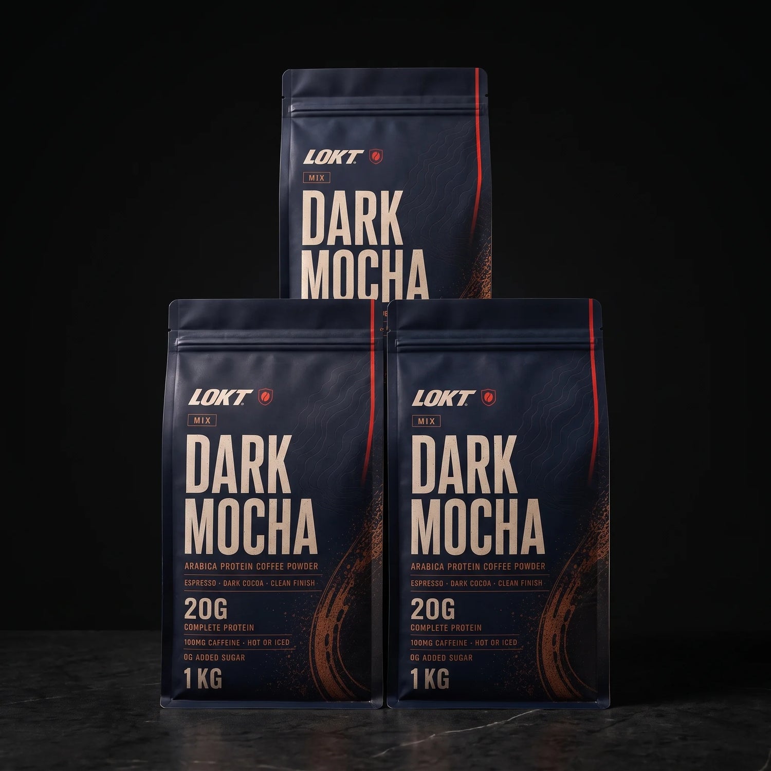 Three LOKT MIX Dark Mocha 1kg bags stacked