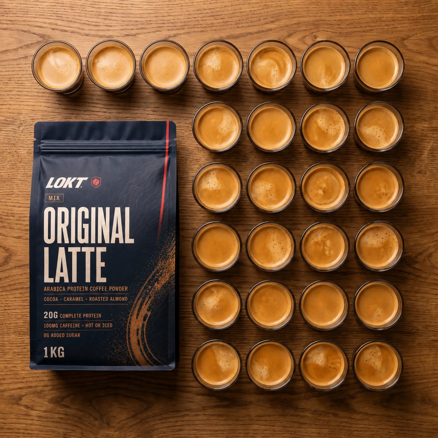 A LOKT MIX Original Latte pouch beside a grid of espresso shots showing about 28 servings