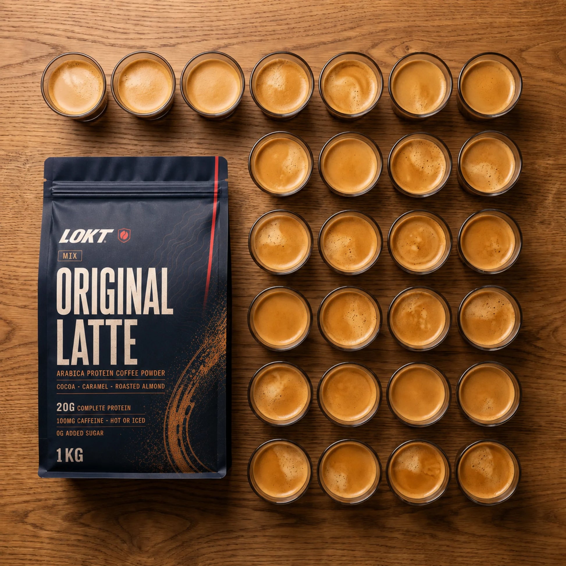 A LOKT MIX Original Latte pouch beside a grid of espresso shots showing about 28 servings