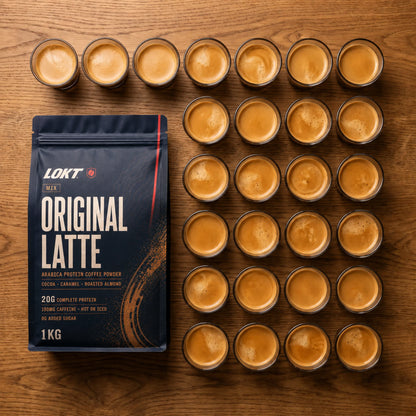 A LOKT MIX Original Latte pouch beside a grid of espresso shots showing about 28 servings