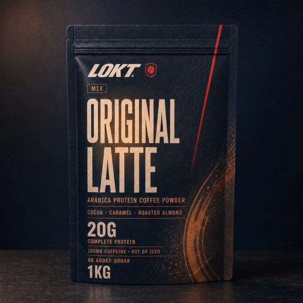 LOKT MIX Original Latte 1kg protein coffee bag, front label straight on. The panel reads 20g complete protein, 100mg caffeine.