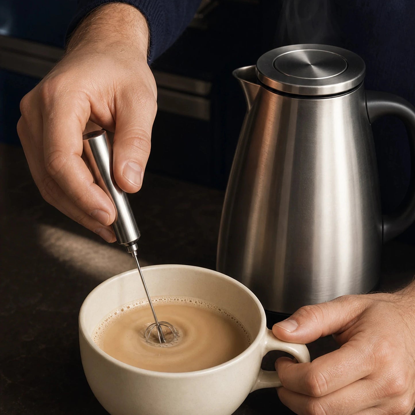 Hot LOKT MIX Original Latte frothed in a mug beside a kettle