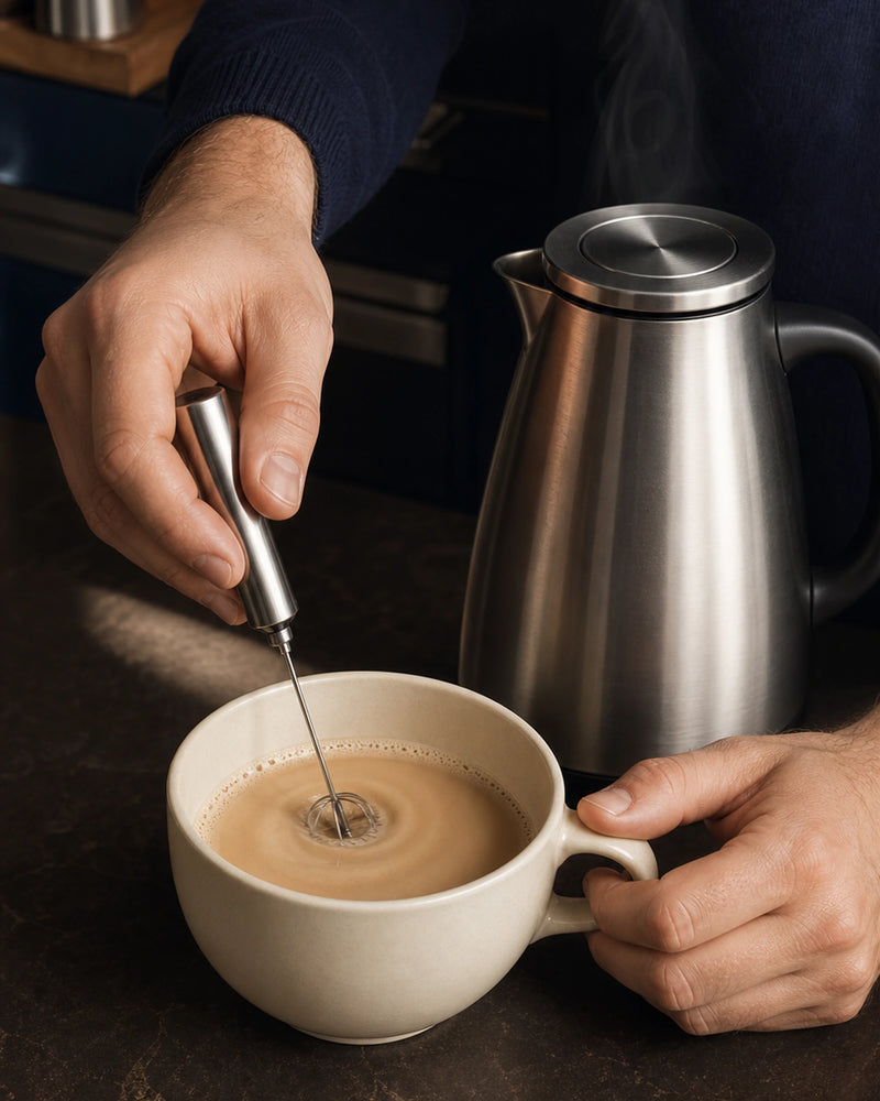 A hot LOKT MIX being whisked smooth in a mug, the slurry step of the hot method