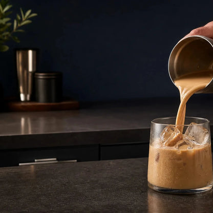 LOKT MIX Original Latte poured from a shaker over ice