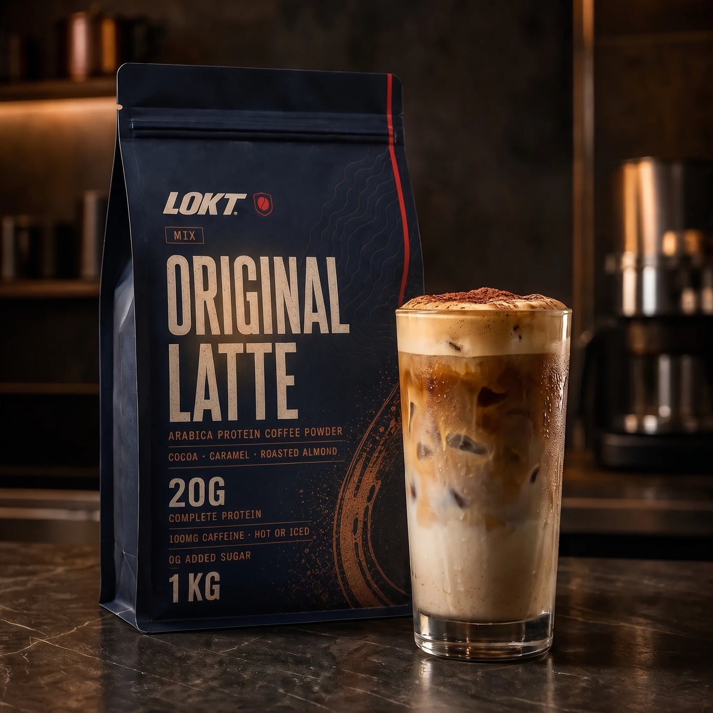 An iced LOKT MIX Original Latte prepared in a glass