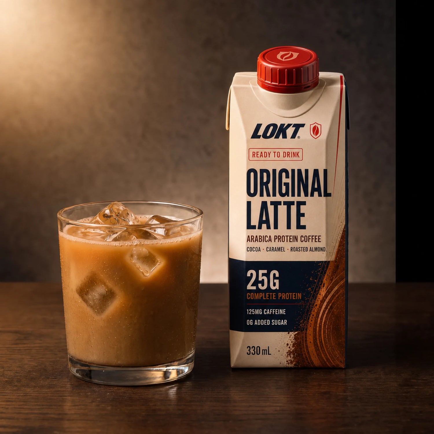 A glass of LOKT READY Original Latte poured beside the carton
