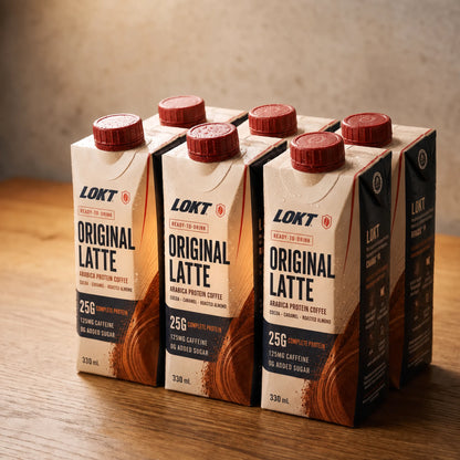 A six pack of LOKT READY Original Latte protein coffee cartons