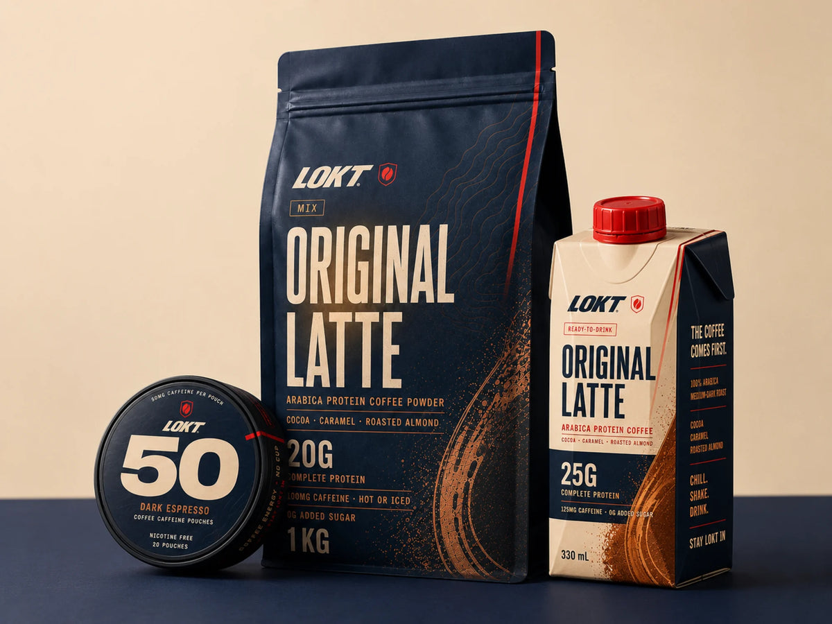 The three LOKT formats side by side: the LOKT 50 Dark Espresso pouch tin, the LOKT MIX Original Latte 1kg pouch and the LOKT READY Original Latte carton