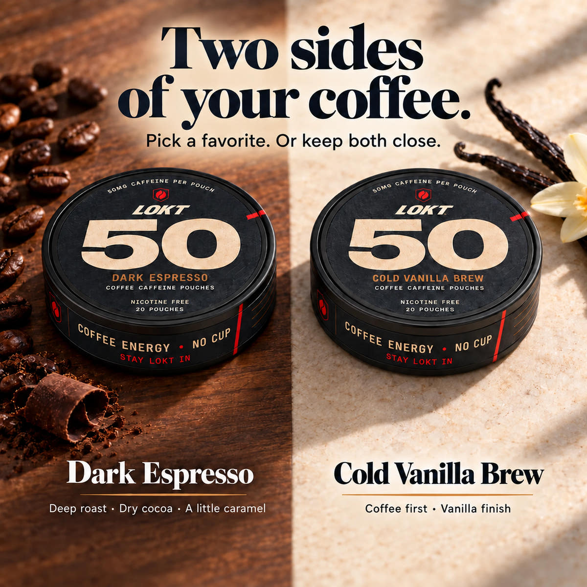 Dark Espresso and Cold Vanilla Brew coffee pouches with their flavor notes.
