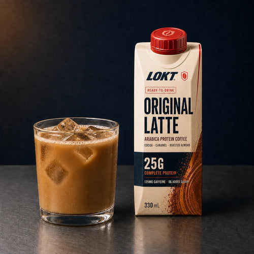 LOKT READY Original Latte carton beside a rich caramel iced latte